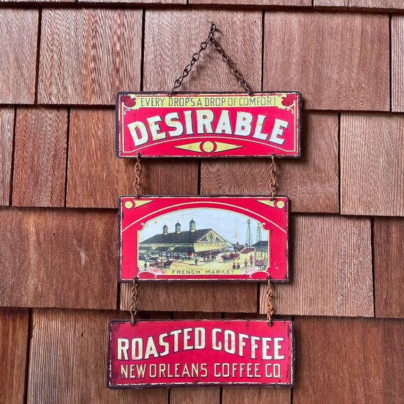 Vintage Metal Three Part Hanging New Orleans Coffee Co Sign 11" W x 20" H - Picture 1 of 5